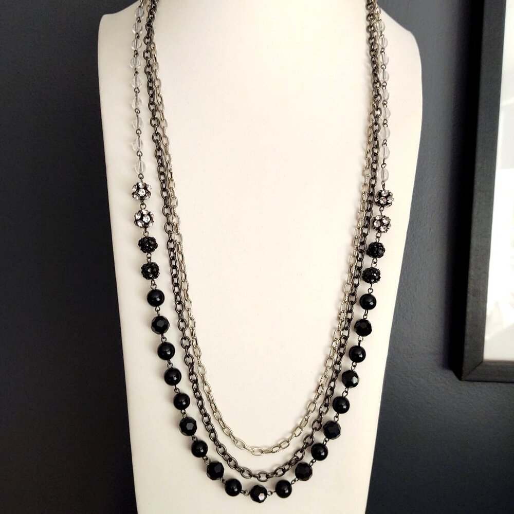 3 strand long chain with clear, black and silver bead necklace